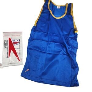 Vintage 80s Speedo Nylon Tank Top Blue Yellow Mens Small Made In USA